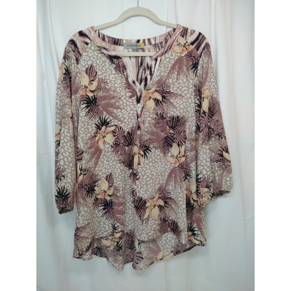 Figueroa & Flower Size XL Brown Pink Tropical Floral Henley Blouse Top Boho